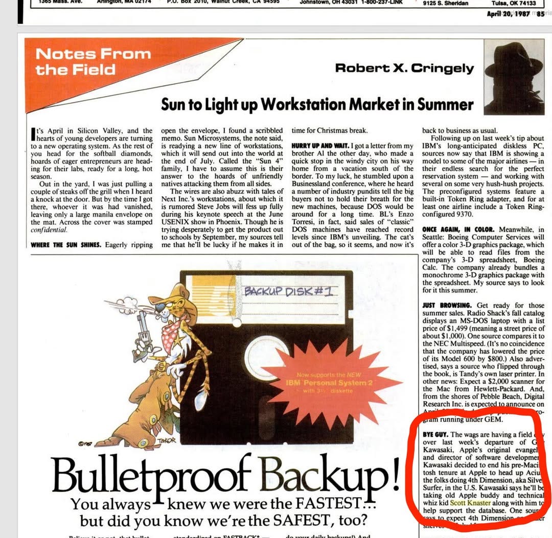 Screenshot of Robert X. Cringely's "Notes from the Field" column in Infoworld magazine in 1987. The text refers to the author as a "technical whiz kid." 