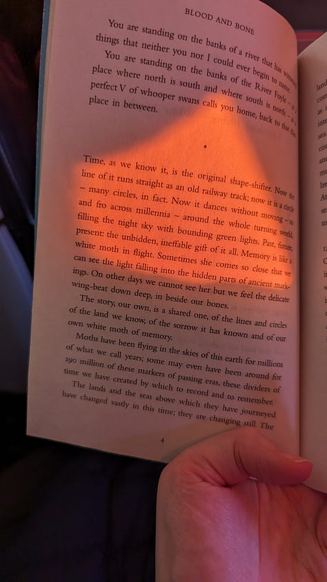 Three images: the white wing of the plane, tipped with red, high above a frozen river and mountains below. Also a silhouette of a plane window framing a vibrant, rainbow-stripe sunrise over white clouds. Last, a neon orange square of light cuts across a paragraph of Thin Places by Kerri Ni Dochertaigh.