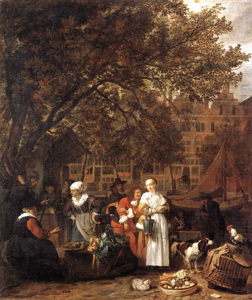Townsfolk buy vegetables and poultry from stalls in a busy Amsterdam square Townsfolk buy vegetables and poultry from stalls in a busy Amsterdam square
