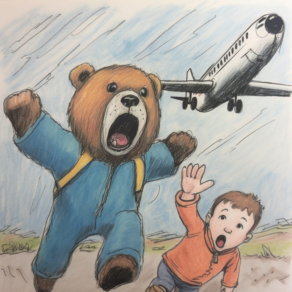 Crude illustration of an anthropomorphic bear chasing a boy out of an airplane. Crude illustration of an anthropomorphic bear chasing a boy out of an airplane.