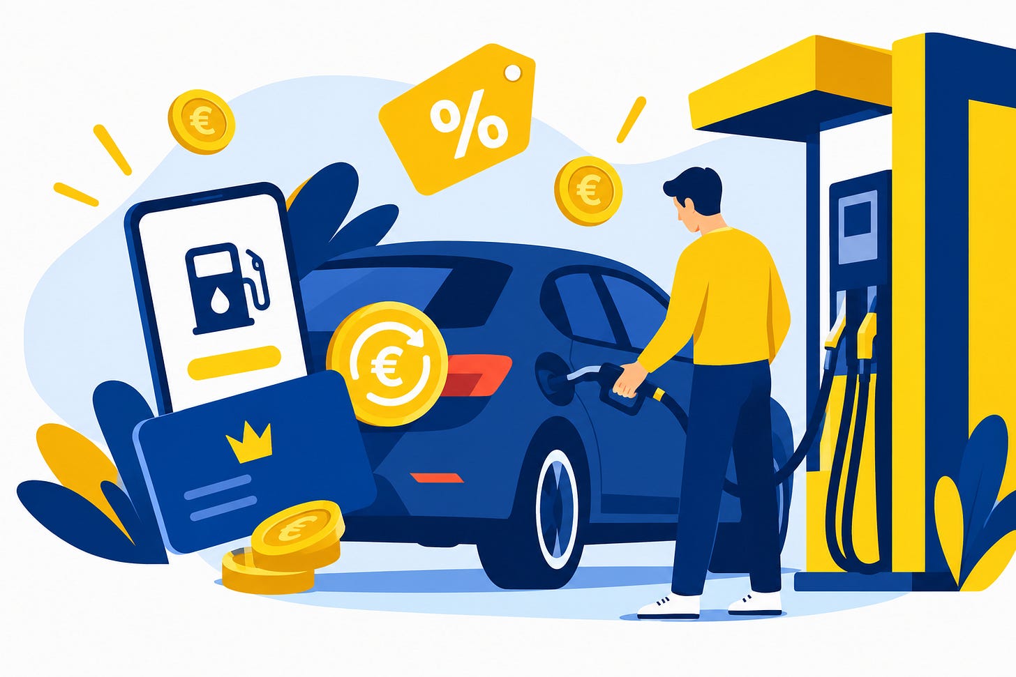 Un automobilista fa rifornimento mentre intorno compaiono simboli di cashback, monete, carte fedeltà e sconti. Un automobilista fa rifornimento mentre intorno compaiono simboli di cashback, monete, carte fedeltà e sconti.