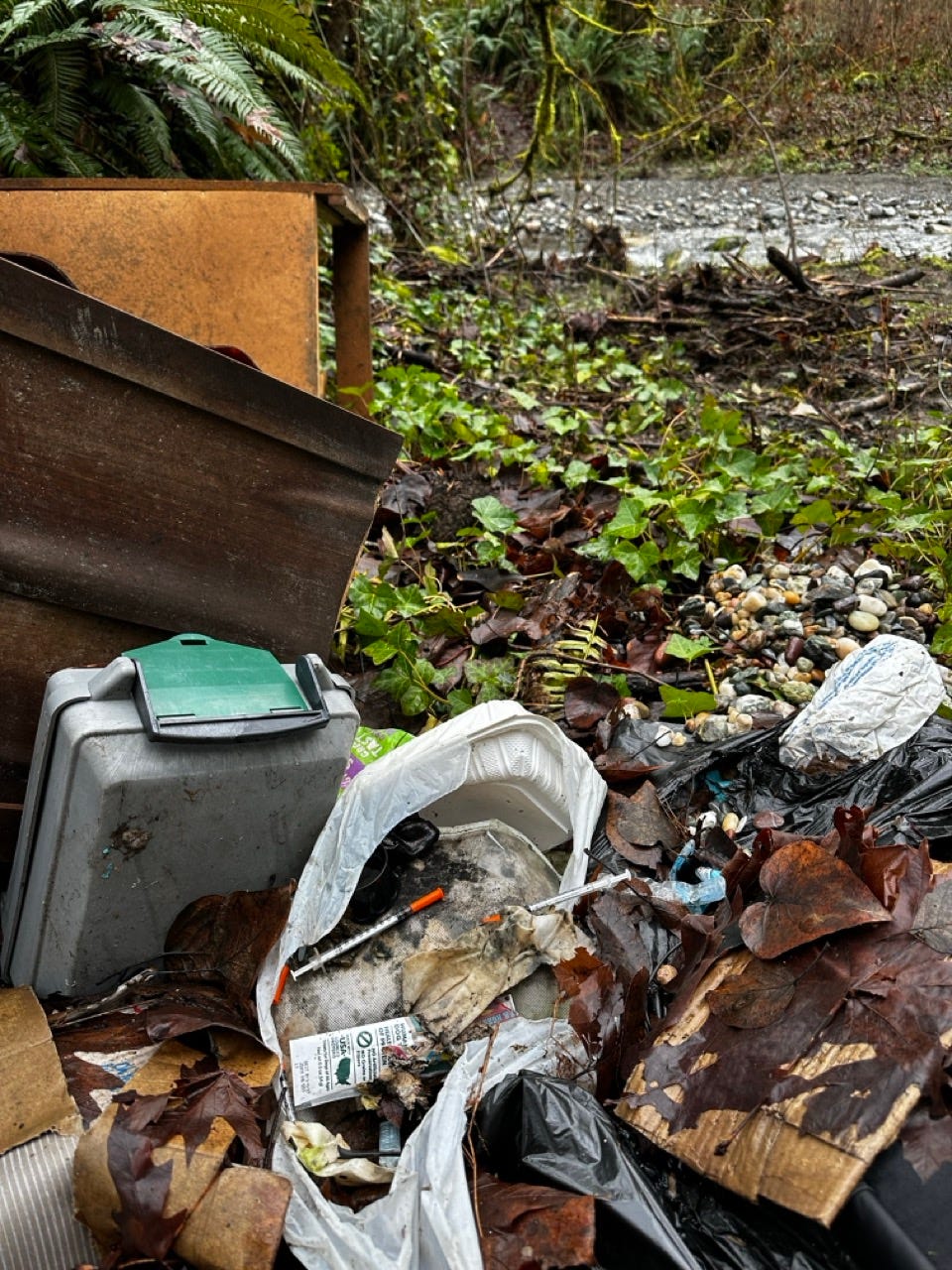 A pile of garbage next to a river

Description automatically generated