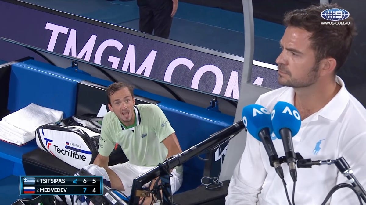 Daniil Medvedev yells at an umpire at the Australian Open. Daniil Medvedev yells at an umpire at the Australian Open.