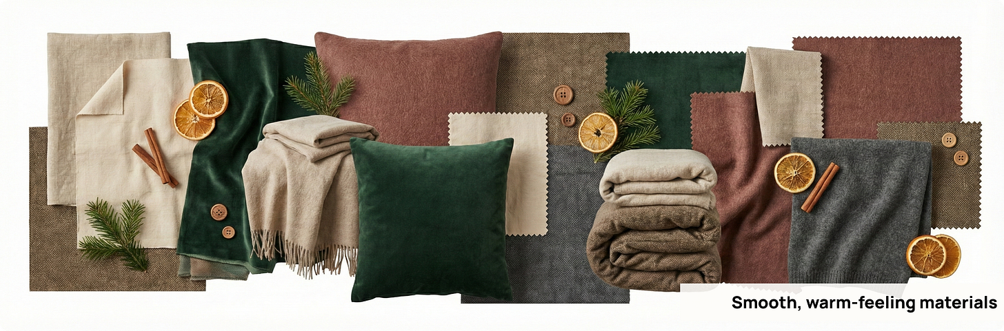 A curated collection of smooth, warm-feeling materials assembled by Karo (Product With Attitude) as part of the Nano Banana cosy design framework. The image displays neatly arranged textiles and fabric swatches in calm, hygge-inspired tones: beige linen, moss green velvet, soft brown wool, charcoal gray flannel, and muted rose.  The composition features throw blankets, cushion covers, linen napkins, and textured fabric squares, presented with holiday accents like evergreen sprigs, cinnamon sticks, dried orange slices, and wooden buttons. The materials are chosen for their comforting tactile qualities — smooth fibres, soft hand-feel, gentle warmth — the kind of surfaces associated with psychological safety, Nordic winter interiors, and cosy Christmas aesthetics.  This image functions as a visual reference for “smooth warmth” within Karo’s design system: fabrics that feel gentle on skin and evoke calm, approachability, and emotional relaxation.  Themes: tactile design cues, hygge materials, cosy textures, AI-assisted design guidance, Nano Banana texture library, winter home decor inspiration.