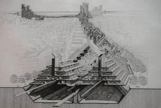 A shaded illustration of an expressway that is composed of triangular shapes.