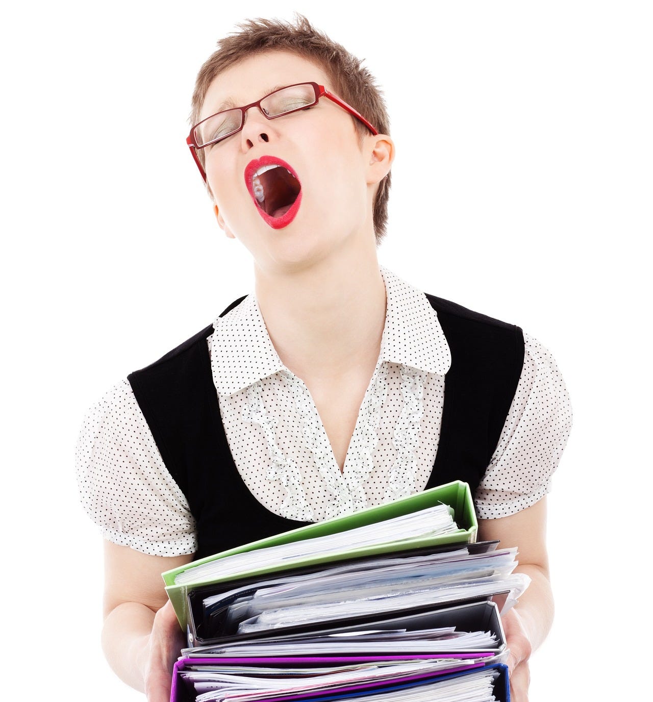 Person with short hair, red glasses and lipstick, and a handful of full three-ring binders appears to scream Person with short hair, red glasses and lipstick, and a handful of full three-ring binders appears to scream