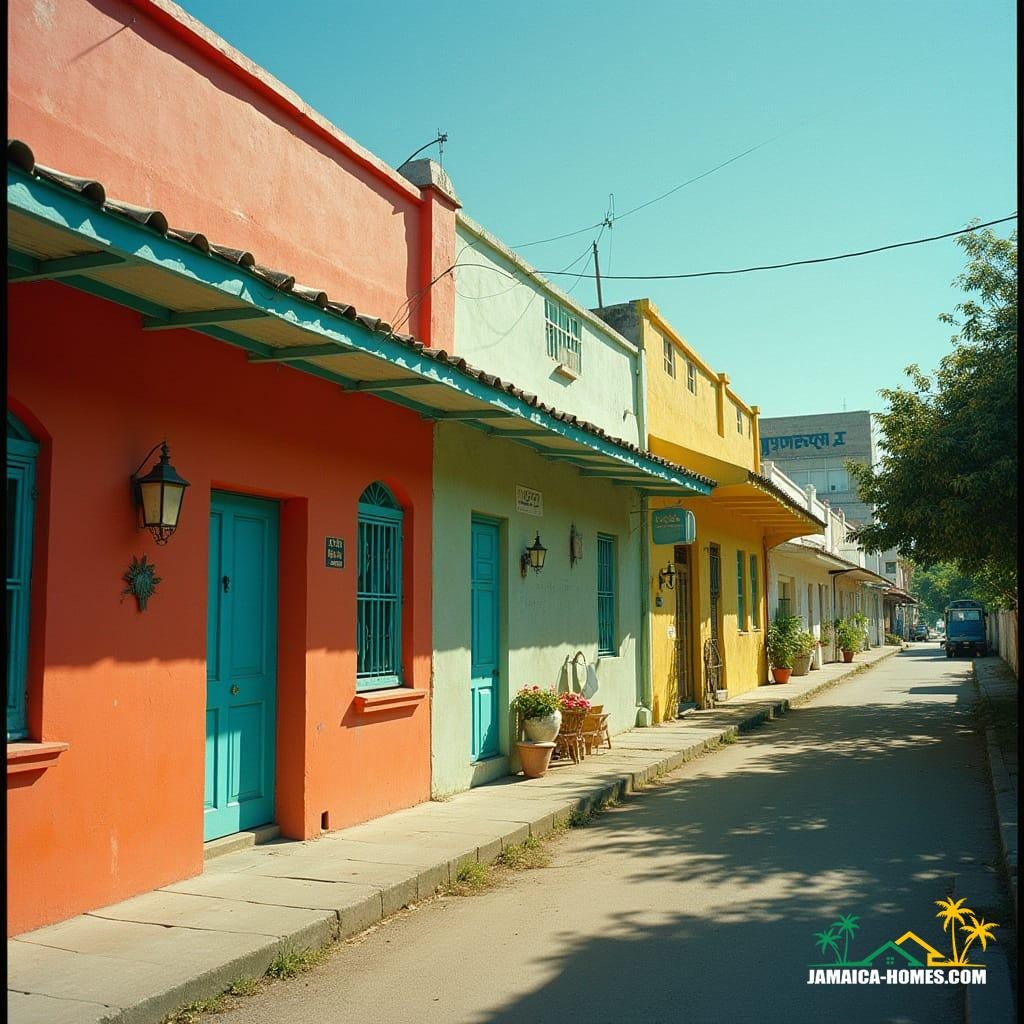  Cinematic film still of vibrant, colorful Jamaican buildings on a sunny day, shot on a v-raptor XL with 35mm film. The scene features rich film grain, a subtle vignette, and dramatic cinematic lighting with deep shadows and bright highlights, evoking a sense of energy and life. The image is color graded and post-processed to perfection, creating an atmospheric, epic, and stunning masterpiece with a live-action feel.