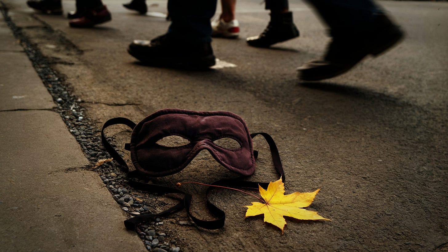 A worn burgundy and black masquerade mask lies discarded on cracked city pavement alongside a bright yellow autumn maple leaf, while shadowed feet of pedestrians pass by overhead — symbolizing the poem’s theme that “no mask hides the pain in life” and the choice to live openly, authentically, shamelessly despite trauma and neurodivergent experience. A worn burgundy and black masquerade mask lies discarded on cracked city pavement alongside a bright yellow autumn maple leaf, while shadowed feet of pedestrians pass by overhead — symbolizing the poem’s theme that “no mask hides the pain in life” and the choice to live openly, authentically, shamelessly despite trauma and neurodivergent experience.