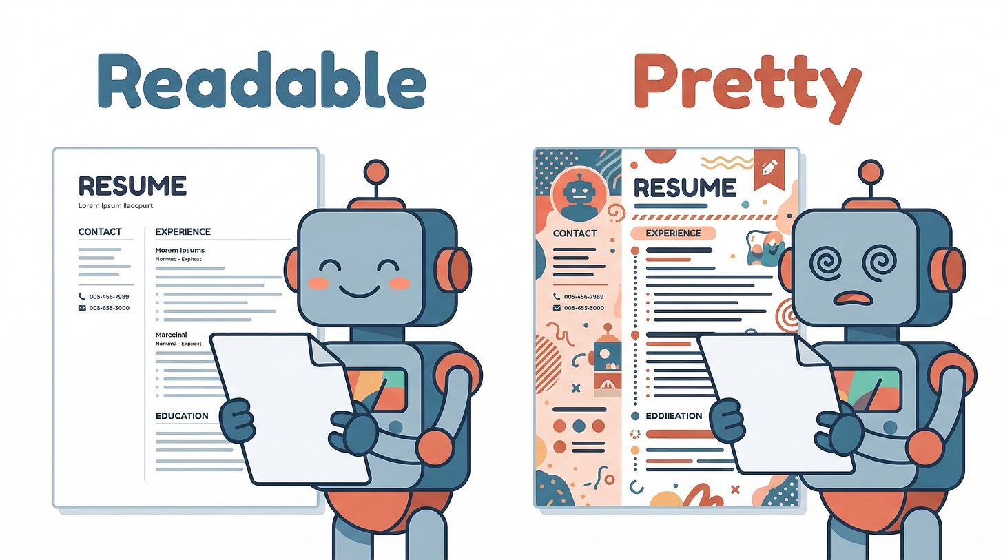 Happy robot reading a plain resume vs confused robot with spiral eyes looking at a pretty one