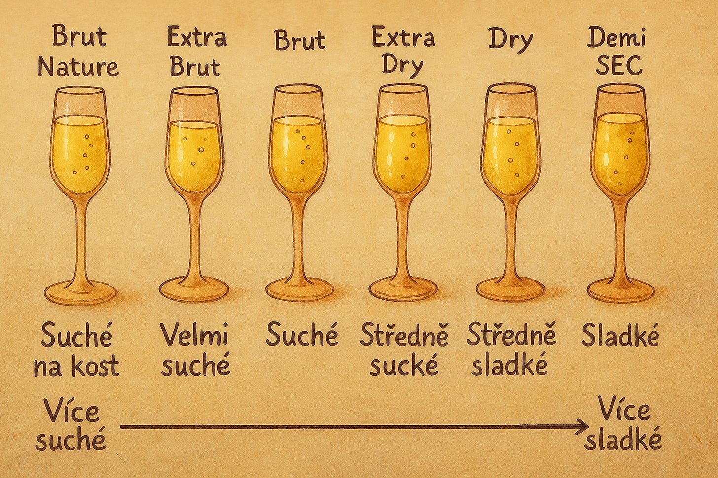 Škála prosecca, od nejsuššího po nejsladší: brut nature, extra brut, brut, extra dry, dry a demi sec.