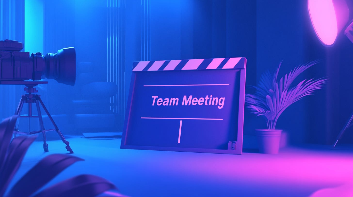 A movie set with a clapperboard that reads "team meeting"