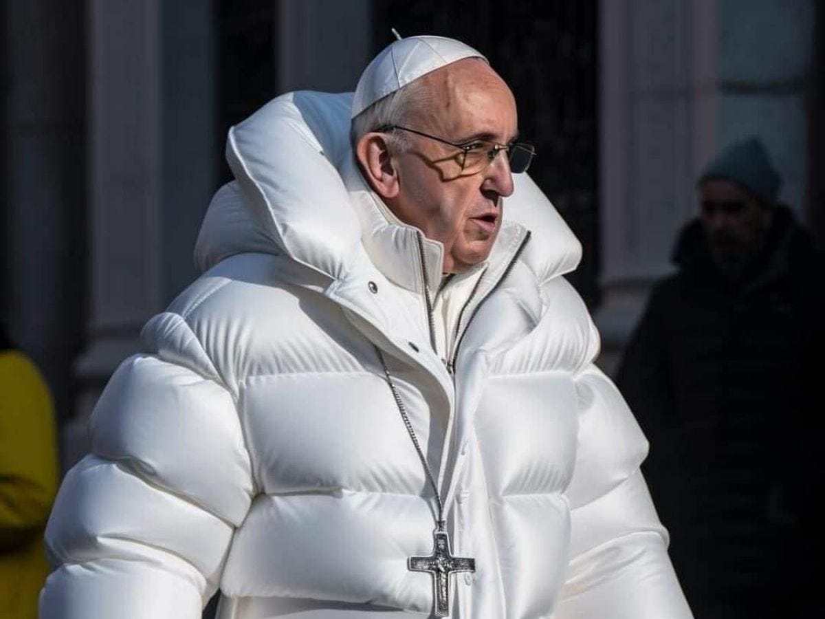 Imágen generada por IA del papa con un abrigo blanco y una cruz 