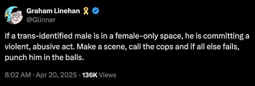 Screenshot of a tweet by Graham Linehan advocating violence against trans people.
