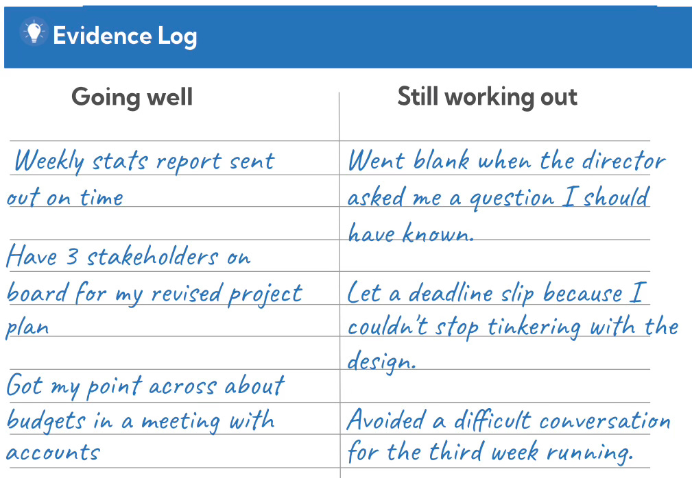 Example evidence log - duplicate of text examples below