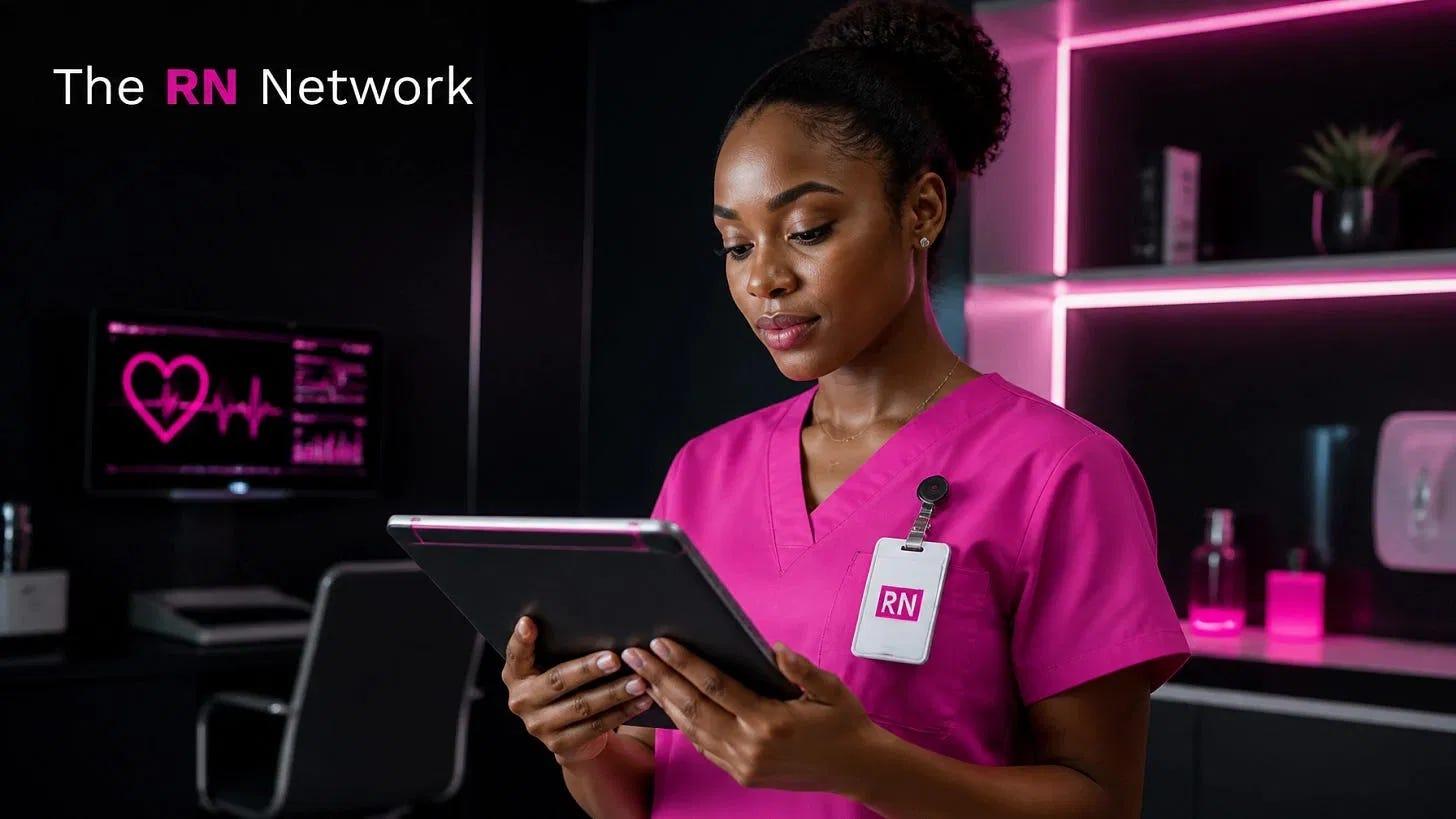 Registered nurse in pink scrubs using a tablet in a modern clinical setting Registered nurse in pink scrubs using a tablet in a modern clinical setting