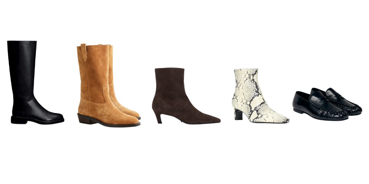 The best boots for fall in a variety of shaft heights and leathers, including suede. Boots with chunky heels and boots with stiletto heels. Also, a pair of moccasin loafers. 