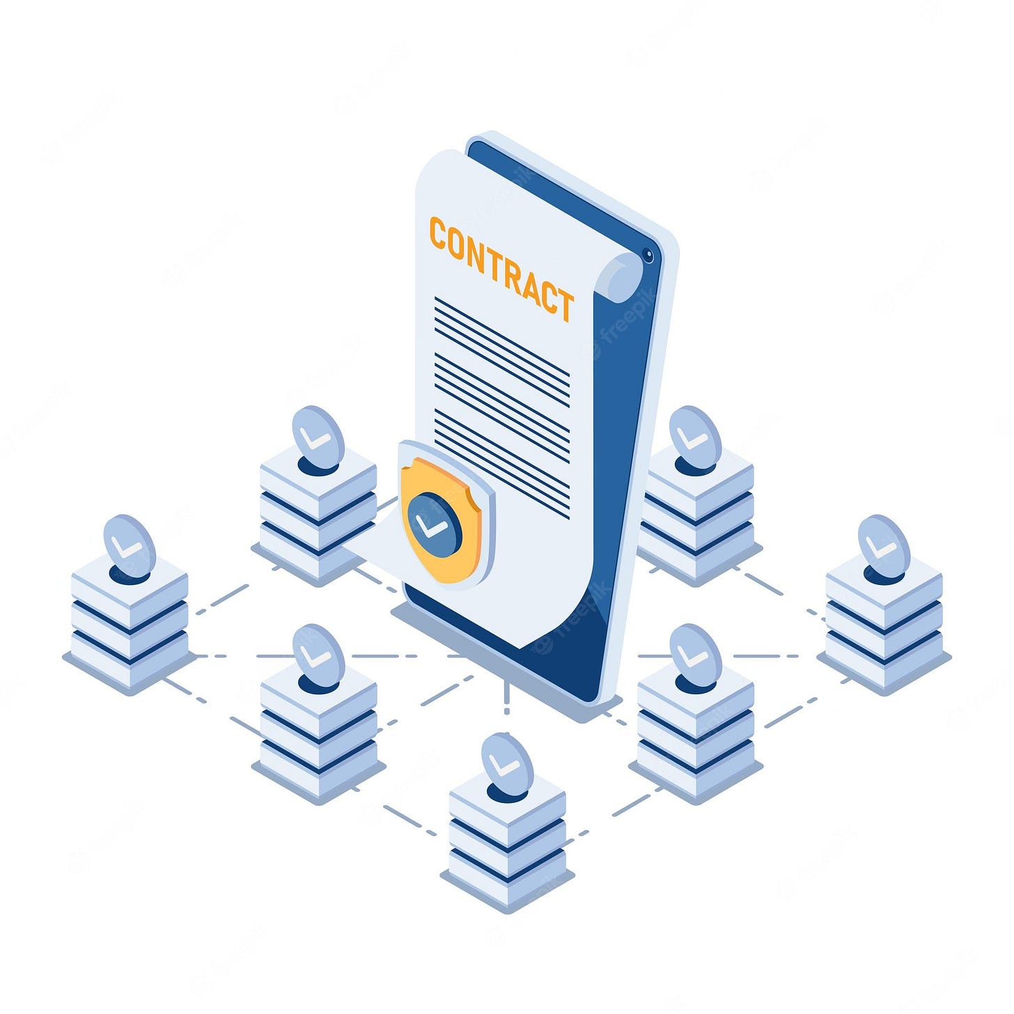 Premium Vector | Flat 3d isometric smart contract in the center of  blockchain technology. blockchain smart contract concept.