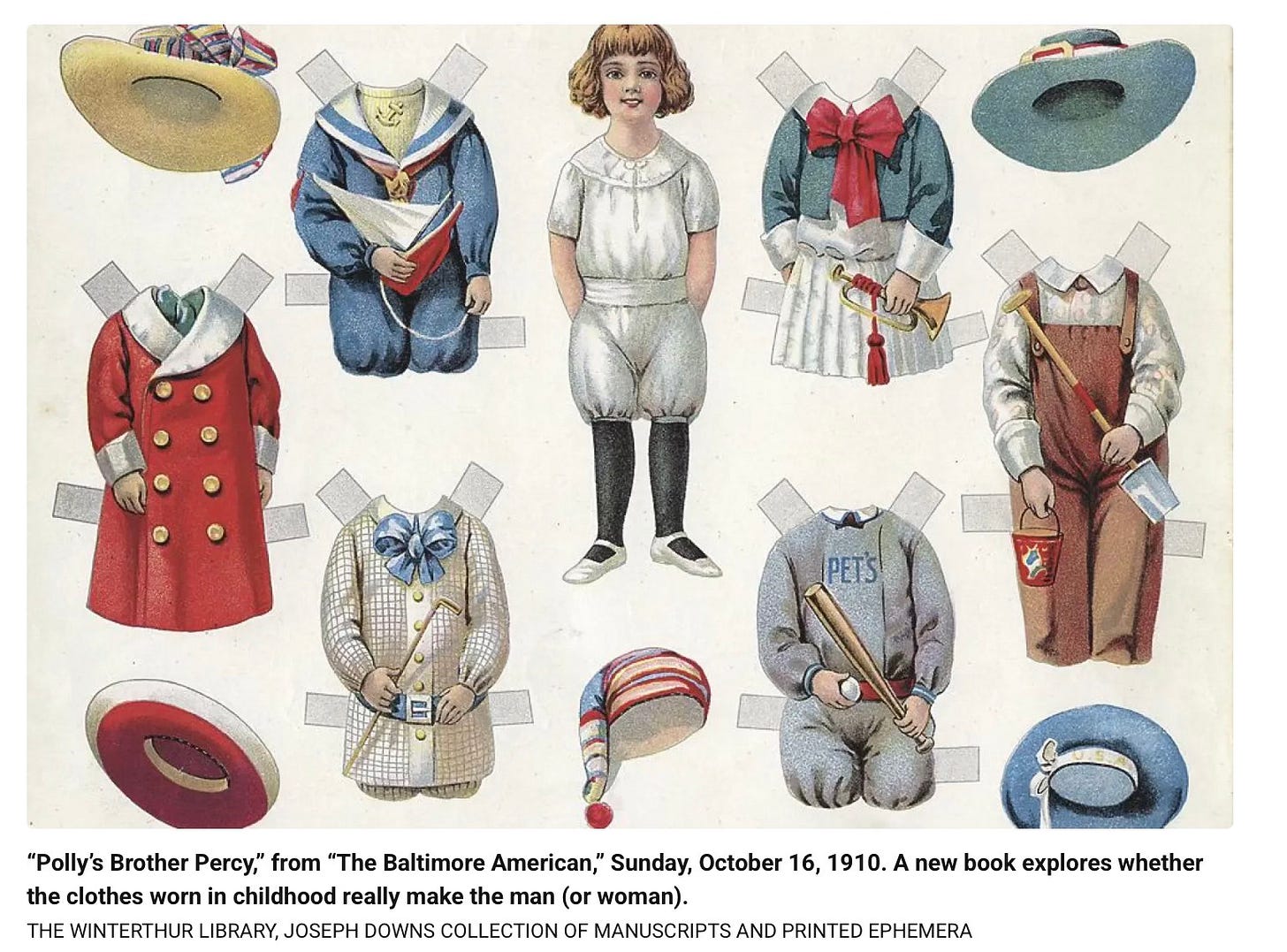 “Percy” paper doll, 1910. He has a wardrobe that includes a skirted suit, a baseball uniform, a sailor suit, and elaborate hats to match every outfit.