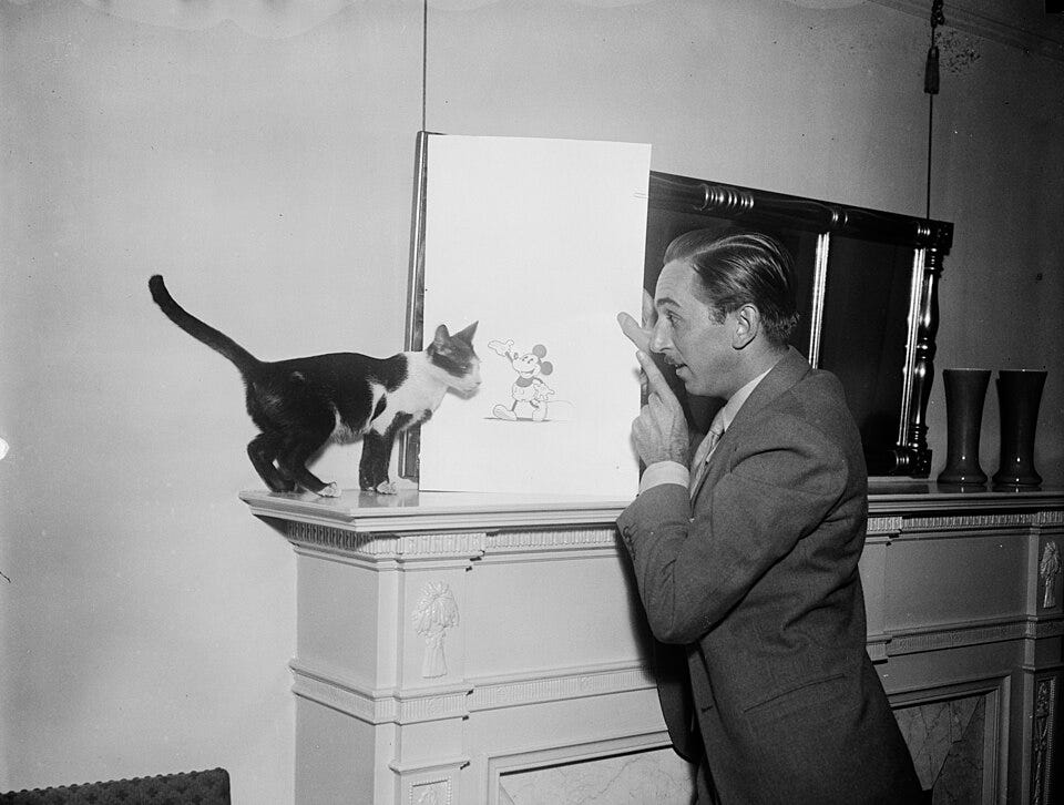 walt disney con un gatto e un disegno di topolino