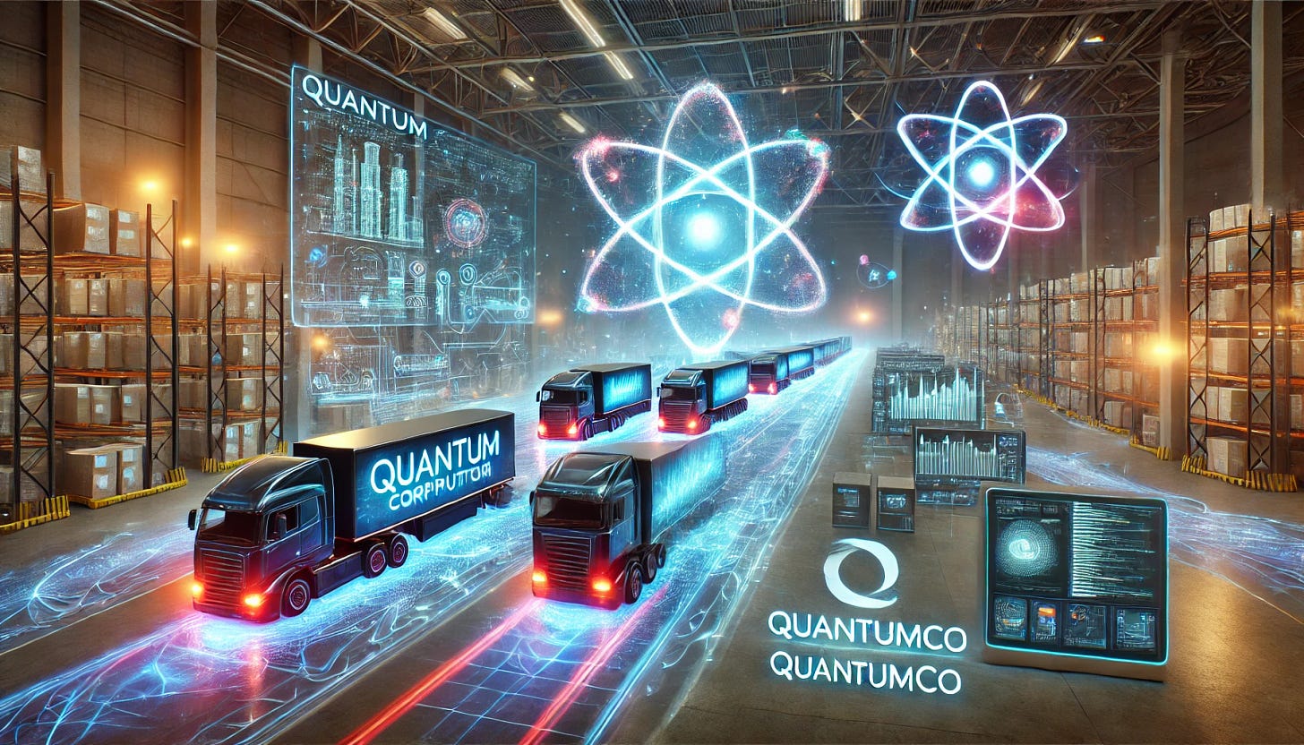 A futuristic logistics hub transformed by quantum computing technology. The scene features sleek, high-tech trucks autonomously navigating a glowing network of data streams in a vibrant, modern warehouse. A quantum computer setup is prominently displayed in the background, with holographic logistics dashboards showcasing optimized routes and data analytics. The atmosphere is futuristic, dynamic, and cutting-edge, emphasizing innovation in logistics powered by quantum computing. The company logo QuantumCo subtly appears in the background.