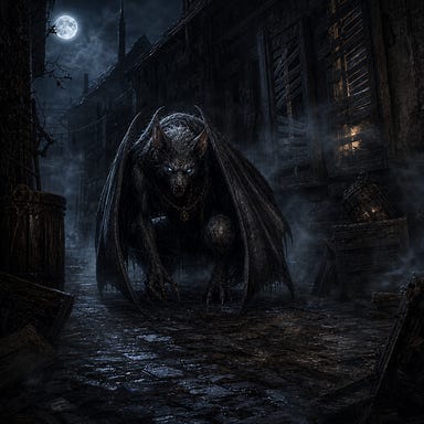 Werebat crouched in the alley behind the abandoned house, Barovian Gothic style, moonlight filtering through broken shutters, silver‑streaked wings folded tight, cold blue eyes gleaming from the shadows, mist curling around crates and cobblestones