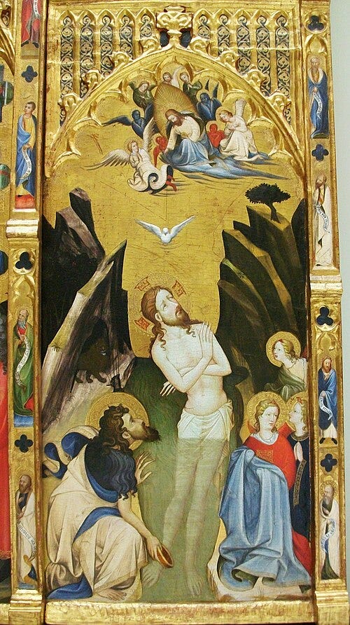 Circa 1400, painting of the Baptism of Christ, very stylized, loads of gold Circa 1400, painting of the Baptism of Christ, very stylized, loads of gold