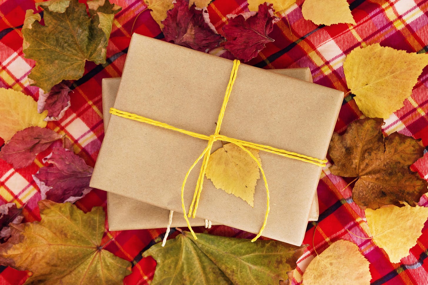 Top view of a box wrapped in plain brown paper, tied with yellow thread and a small yellow leaf.  It’s surrounded by dry colorful leaves on a red checkered towel.
