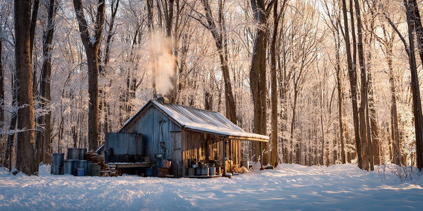 Cozy sugar shack in a snowy maple forest, with metal syrup buckets hanging on trees and chimney smoke rising into the soft morning light. Cozy sugar shack in a snowy maple forest, with metal syrup buckets hanging on trees and chimney smoke rising into the soft morning light.