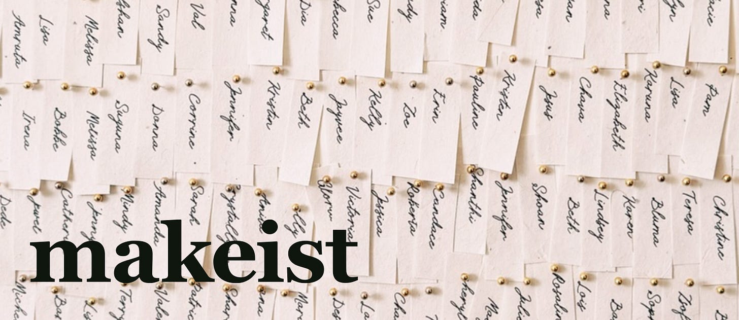 Name Wall made of handwritten paper slips pinned in rows, with the word “makeist” overlaid in bold black text.