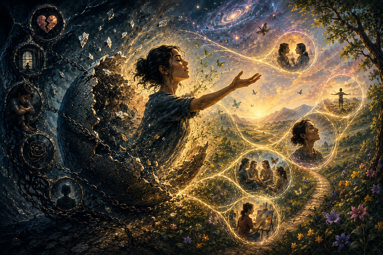 a woman emerging from a fractured dark shell into a luminous landscape filled with connection, creativity, growth, and flowing golden pathways, representing healing, repair, expanding consciousness, and freedom from trauma-based survival architecture.