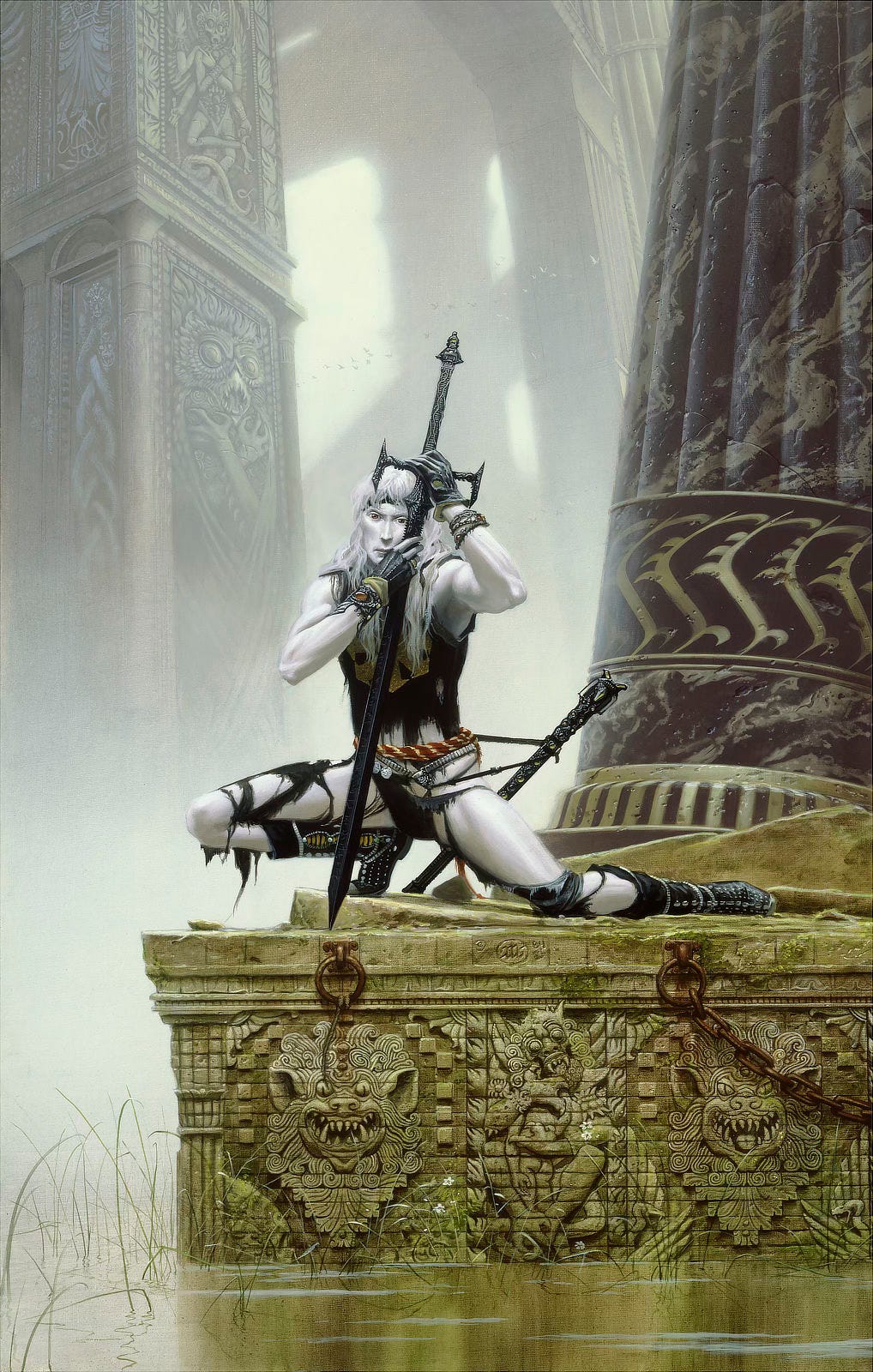 With black clothes torn to tatters, Elric half crouches with one knee out and the other leg splayed to the side. Clutching Stormbringer delicately by cross-guard and blade, Elric's face is half hidden, pigment-less in contrast to the rune blade that stands tip down on mossy stone blocks. White hair hangs limp as somber albino eyes meet the audience. His nose is drawn thin and long, his cheeks high and hollow. An ornate scabbard strains against the cord tied at his waist. His bare hip flexes, thigh muscles tight with the extension of his leg. A massive marbled pillar rises to his right, tilted in counterbalance to the background structures of the ancient city which lean ever so slightly left. Rising out of swampy water below, the base of the column is carved in relief with the faces of demons that resemble Chinese guardian lions. From a rusted ring, a chain hangs low leading off-panel. With black clothes torn to tatters, Elric half crouches with one knee out and the other leg splayed to the side. Clutching Stormbringer delicately by cross-guard and blade, Elric's face is half hidden, pigment-less in contrast to the rune blade that stands tip down on mossy stone blocks. White hair hangs limp as somber albino eyes meet the audience. His nose is drawn thin and long, his cheeks high and hollow. An ornate scabbard strains against the cord tied at his waist. His bare hip flexes, thigh muscles tight with the extension of his leg. A massive marbled pillar rises to his right, tilted in counterbalance to the background structures of the ancient city which lean ever so slightly left. Rising out of swampy water below, the base of the column is carved in relief with the faces of demons that resemble Chinese guardian lions. From a rusted ring, a chain hangs low leading off-panel.