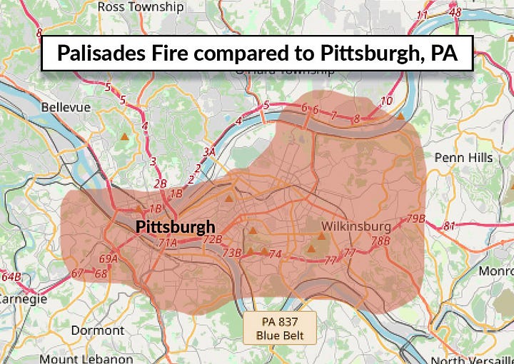 Palisades Fire compared to Atlanta, Cleveland, Pittsburgh and Seattle