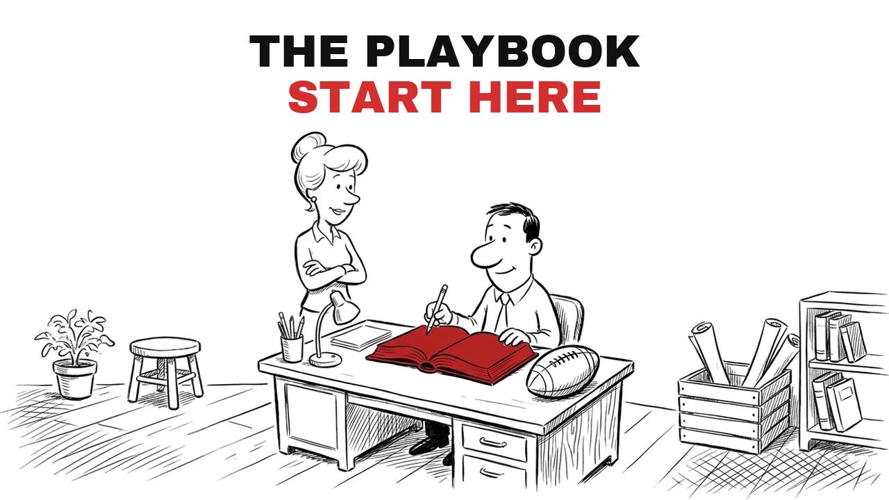 Cartoon: the mentor explains a play from a red book at his desk with a football beside it, a student listens with folded arms, titled The Playbook, Start Here. Cartoon: the mentor explains a play from a red book at his desk with a football beside it, a student listens with folded arms, titled The Playbook, Start Here.