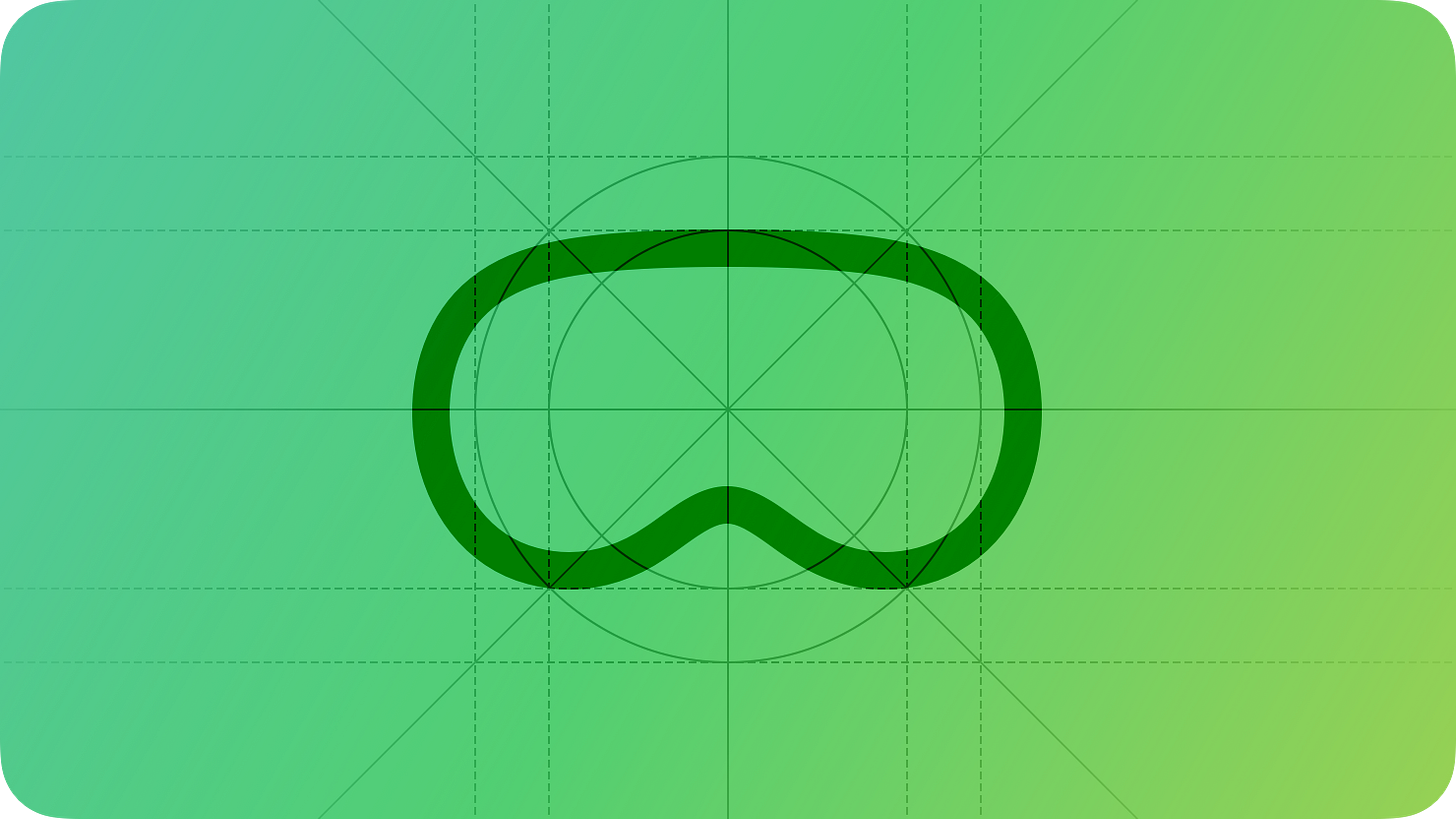 A stylized representation of Apple Vision Pro shown on top of a grid. The image is overlaid with rectangular and circular grid lines and is tinted green to subtly reflect the green in the original six-color Apple logo.