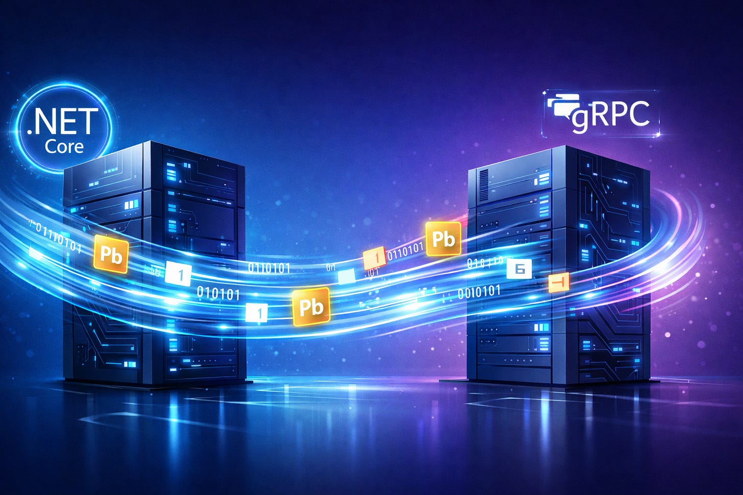 Two server towers connected by glowing data streams with .NET Core and gRPC logos, Protocol Buffers Two server towers connected by glowing data streams with .NET Core and gRPC logos, Protocol Buffers