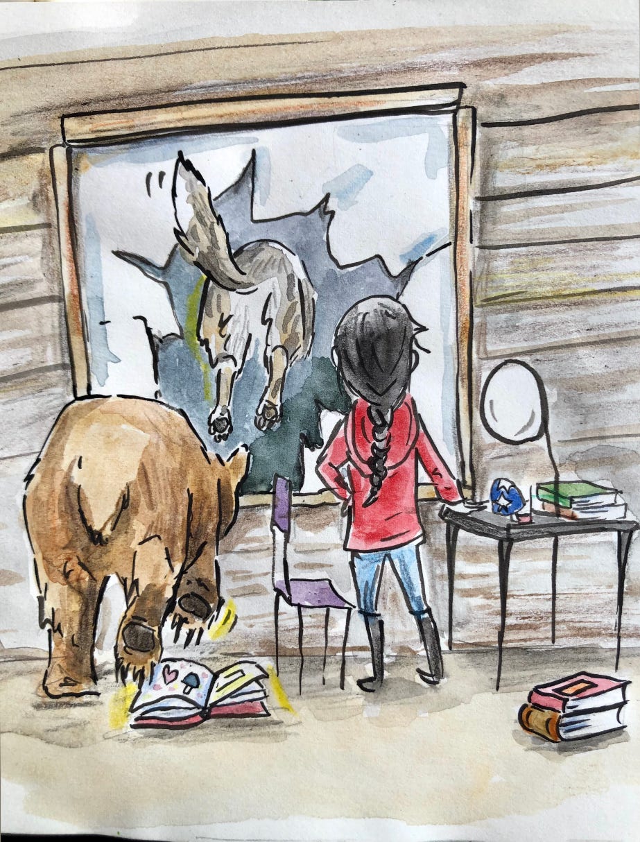 illustration , wolf leaps out of the window