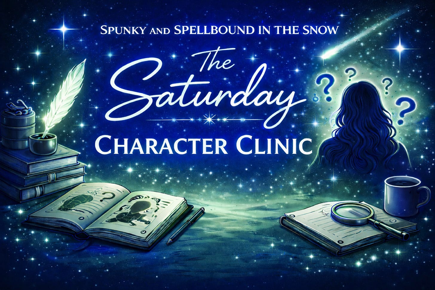 Saturday Character Clinic header.  Image of Angelika agianst a dark sky