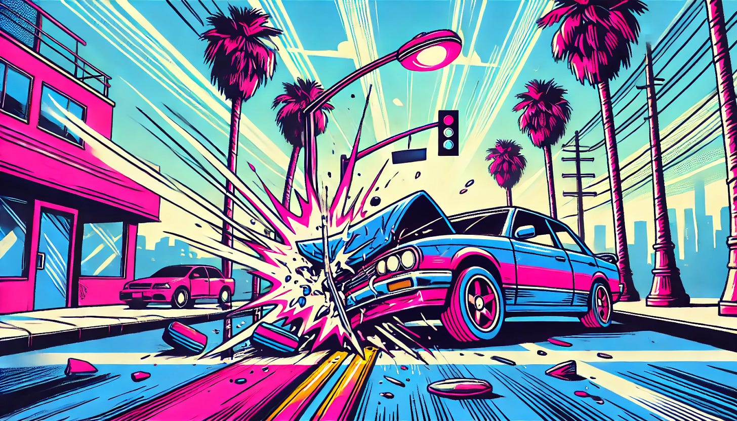 A colorful vector art style depiction of a car crash where the car has actually hit the street light. The scene is vibrant with bold, thick lines and features bright pink and blue hues, evoking a playful, comic-like Grand Theft Auto style. Palm trees line the background, it's a sunny day, and the setting captures an urban environment with a focus on the car impacting the street light. No text or people are visible in the image, which uses a 16:9 aspect ratio.