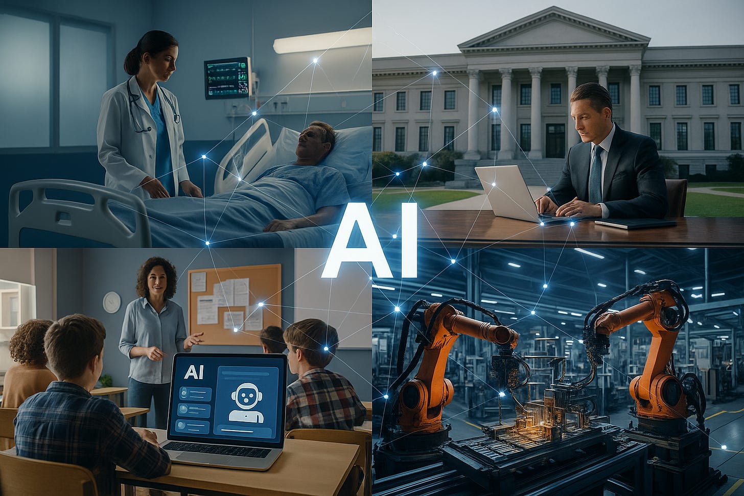 Colaj vizual reprezentând inovațiile și provocările AI în 2025 Colaj vizual reprezentând inovațiile și provocările AI în 2025