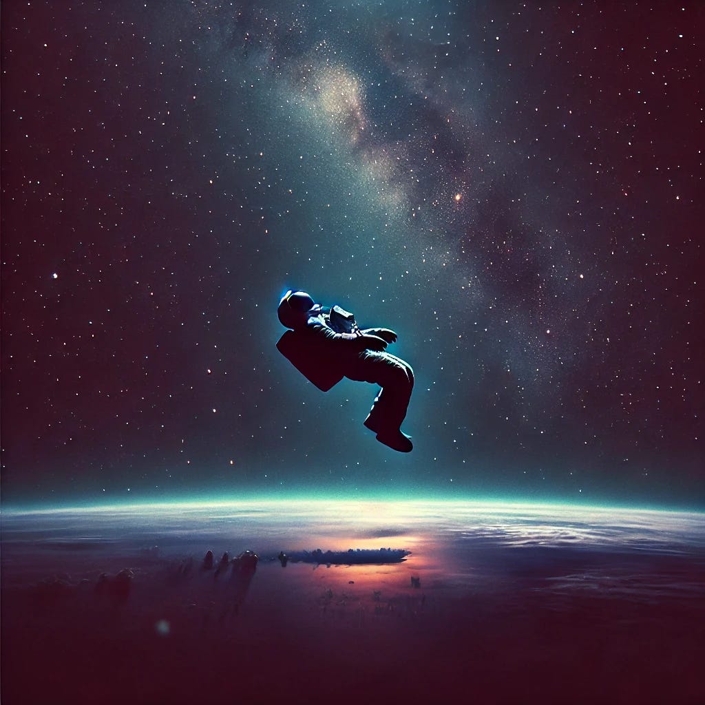 A lone astronaut drifting away in the vast emptiness of space, with a sense of isolation and loss. The background is a deep, dark expanse of space with stars scattered sparsely. The colors are rich, with dark blues, blacks, and purples that create a poignant and meaningful atmosphere. The astronaut's suit is illuminated slightly by the dim light of distant stars, giving a beautiful yet haunting sense of solitude. The scene conveys both the beauty and melancholy of being lost in the infinite universe, with the astronaut's body floating in a slow, weightless drift. A lone astronaut drifting away in the vast emptiness of space, with a sense of isolation and loss. The background is a deep, dark expanse of space with stars scattered sparsely. The colors are rich, with dark blues, blacks, and purples that create a poignant and meaningful atmosphere. The astronaut's suit is illuminated slightly by the dim light of distant stars, giving a beautiful yet haunting sense of solitude. The scene conveys both the beauty and melancholy of being lost in the infinite universe, with the astronaut's body floating in a slow, weightless drift.