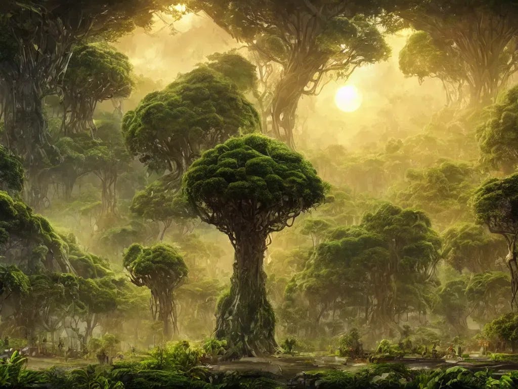 Prompt: giant tree creatures building a city with mystical animals in the middle of the jungle ,style by dylan cole, digital art, matte painting, artstation, concept art Prompt: giant tree creatures building a city with mystical animals in the middle of the jungle ,style by dylan cole, digital art, matte painting, artstation, concept art