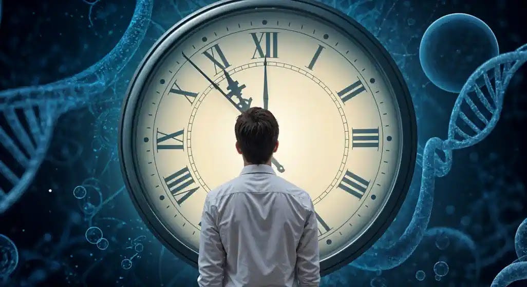 A person looking at a clock with biological molecules in the background A person contemplating time and biological changes
