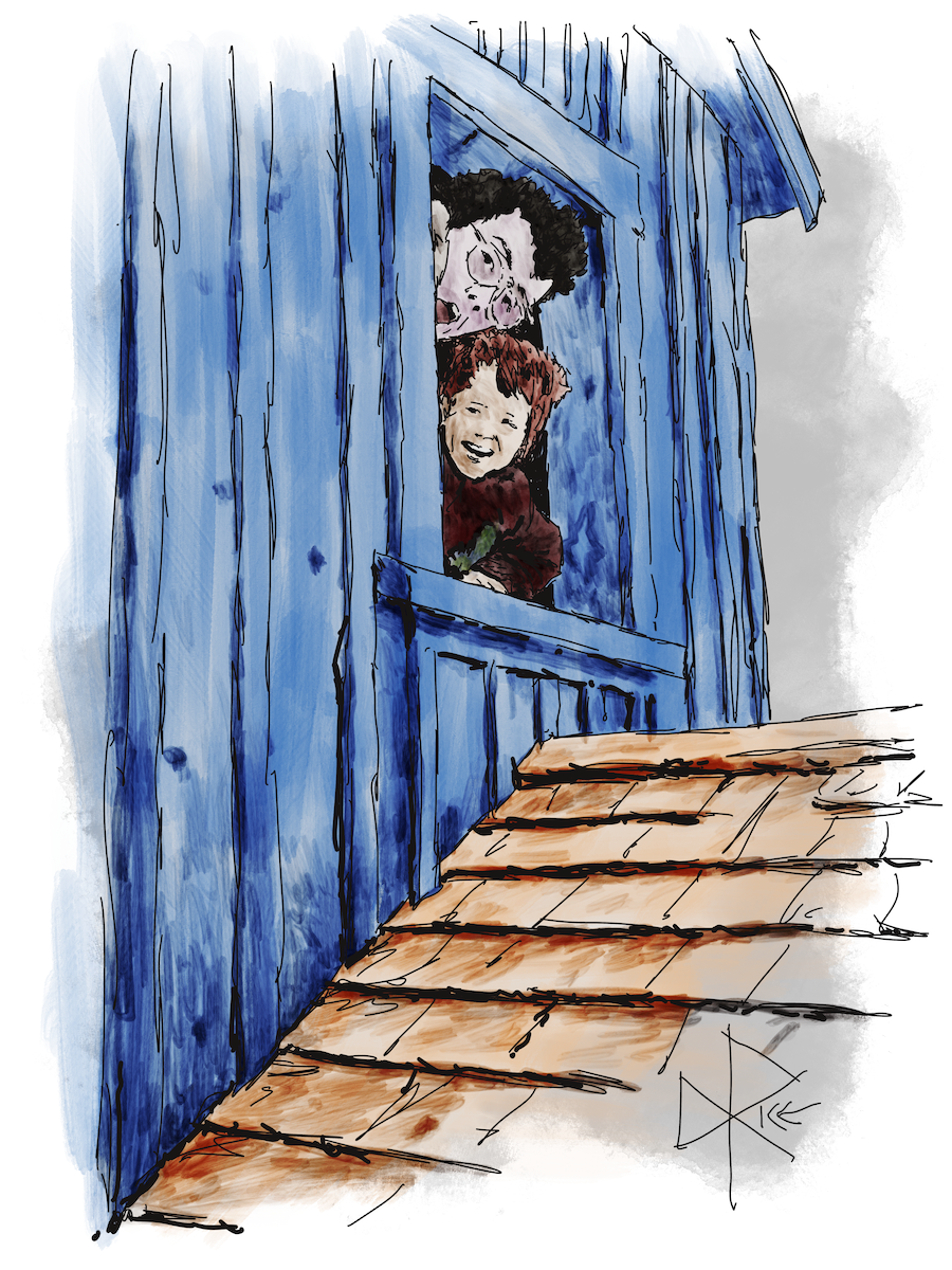 A man and boy happily poke their heads out the open window of an old blue-painted shed. Sketch art by Don Rice. A man and boy happily poke their heads out the open window of an old blue-painted shed. Sketch art by Don Rice.