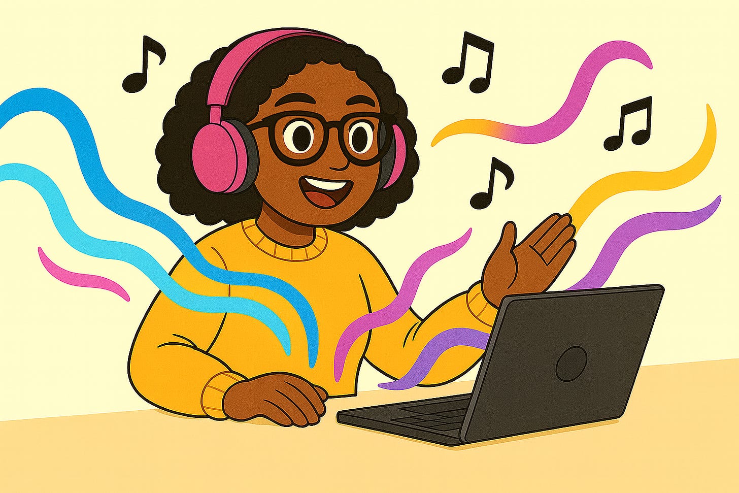 A woman in a yellow sweater with pink headphones smiles at her laptop as colorful music notes and waves flow around her.