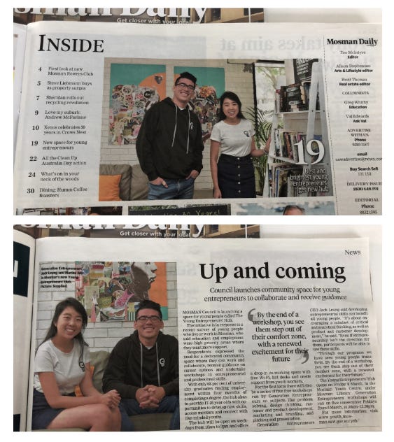 Jack (CEO) and I in the Mosman Daily for the launch of the Young Entrepreneurs’ Hub in Mosman