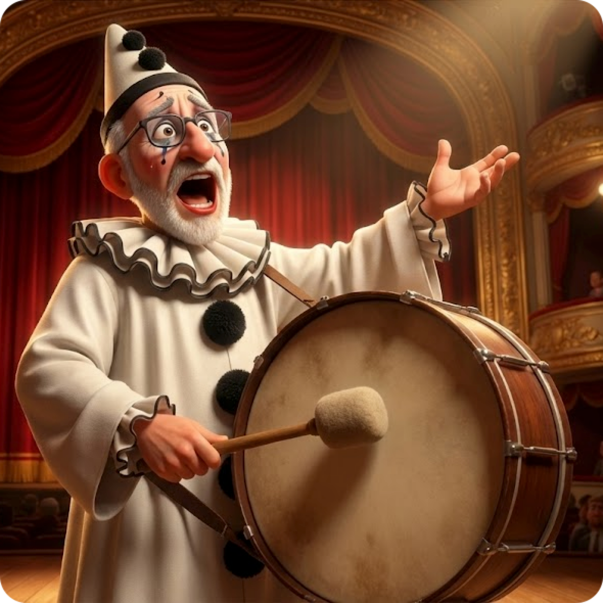 A scene inspired by Pagliacci, capturing how the visible clowning hides the deeper responsibility and judgment behind real product work.