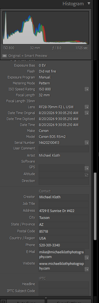 A view of the Lightroom Classic EXIF data showing camera details and Michael Kloth's contact and copyright data. A view of the Lightroom Classic EXIF data showing camera details and Michael Kloth's contact and copyright data.