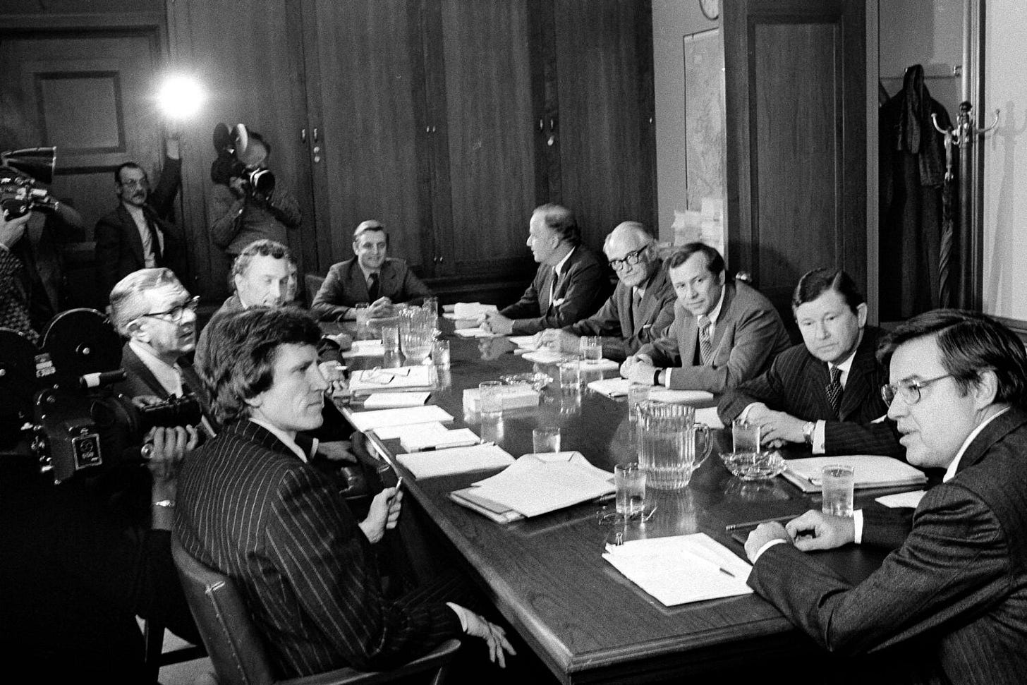 The Church Committee, a bipartisan committee created to investigate the CIA, FBI, and other U.S. intelligence gathering agencies, February 1975. The Church Committee, a bipartisan committee created to investigate the CIA, FBI, and other U.S. intelligence gathering agencies, February 1975.