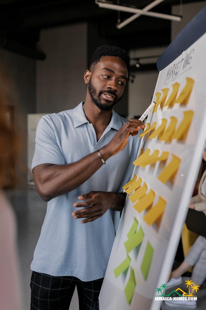 man in a blue shirt pointing to a whiteboard with sticky notes