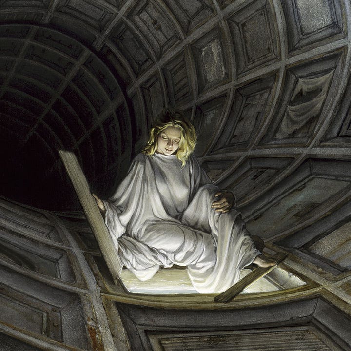 LEFT: Detail from LUMEN 6.2 featuring a woman in white robes peering down through an opening in a dark concrete tunnel. She is bathed in light as she comfortably rests her foot on a plank set across the corner of the opening. RIGHT: Figure study in black and white on gray toned paper for LUMEN 6.2. The drawing features a woman in white robes holding open a hatch in the floor. The cloth of her robes spills into the opening. Notably, the position of the hatch is on the right, inverted from the pose in the final painting.